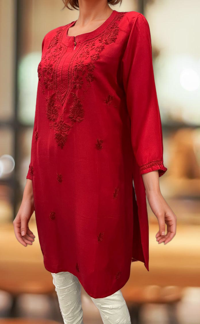 Red Chikankari Kurti. Flowy Rayon Fabric. | Laces and Frills - Laces and Frills