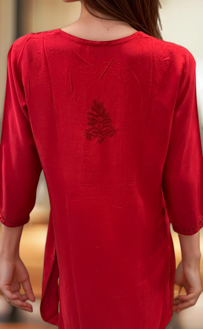 Red Chikankari Kurti. Flowy Rayon Fabric. | Laces and Frills - Laces and Frills