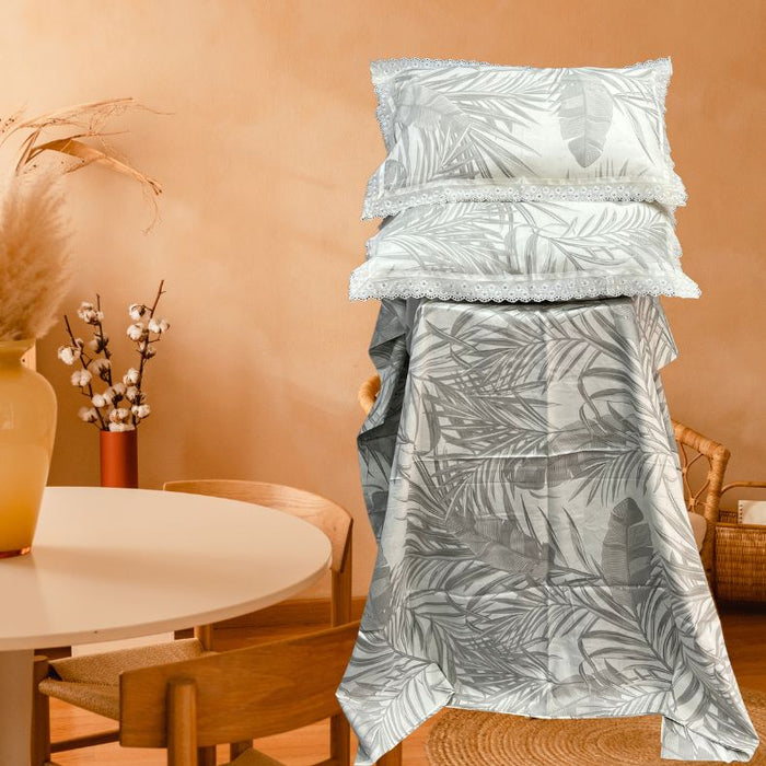 Off White/Grey Leafy White Lace Double Bedsheet with Lace Pillow Covers/108" x 108" - Laces and Frills