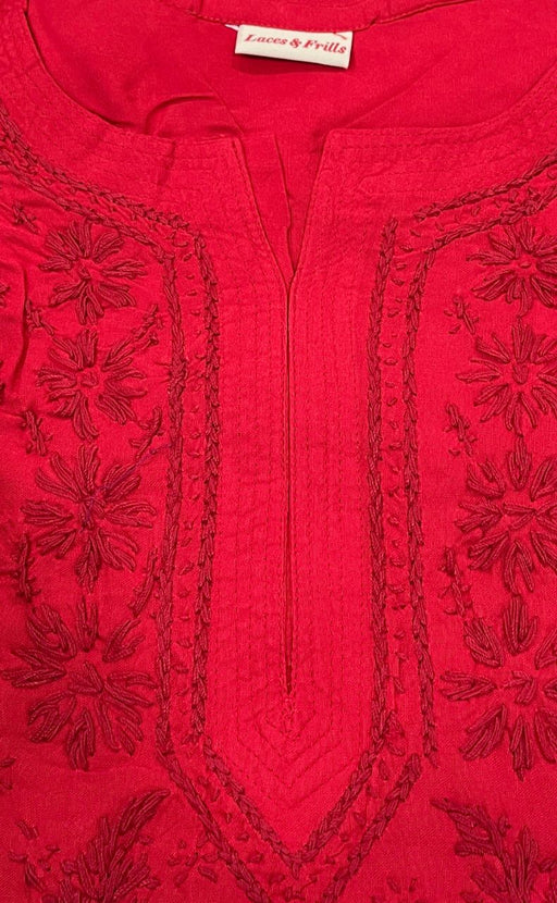 Red Chikankari Kurti. Flowy Rayon Fabric. | Laces and Frills - Laces and Frills
