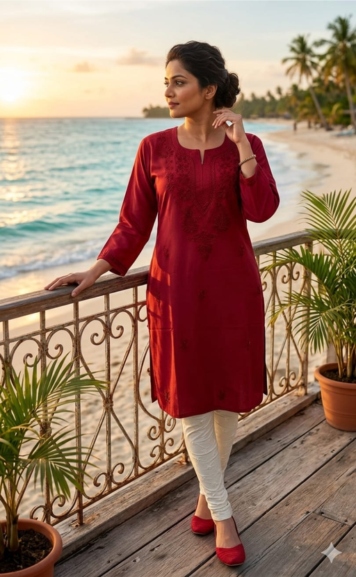 Red Chikankari Kurti. Flowy Rayon Fabric. | Laces and Frills - Laces and Frills