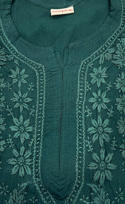 Bottle Green Chikankari Kurti. Flowy Rayon Fabric. | Laces and Frills - Laces and Frills