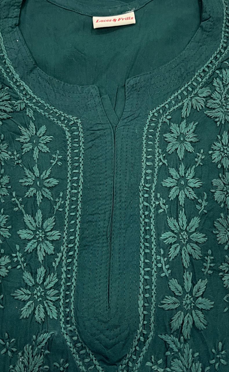 Bottle Green Chikankari Kurti. Flowy Rayon Fabric. | Laces and Frills - Laces and Frills