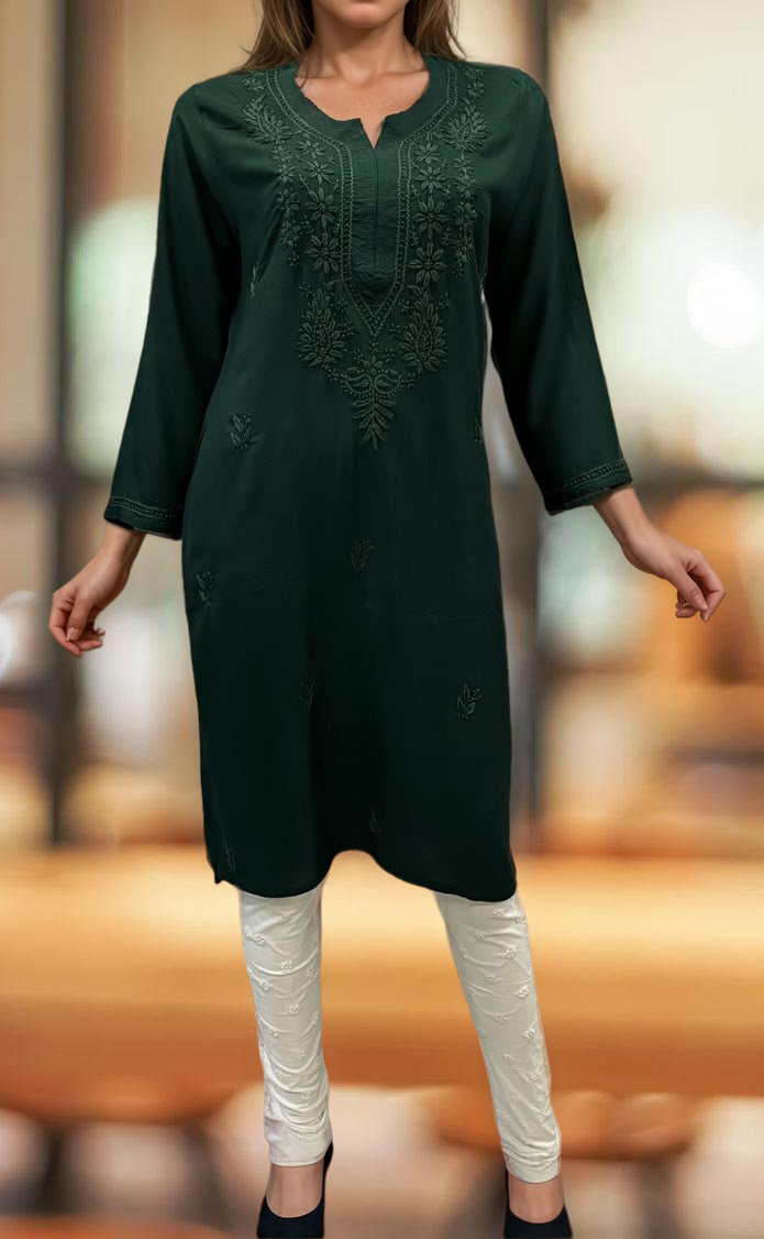Bottle Green Chikankari Kurti. Flowy Rayon Fabric. | Laces and Frills - Laces and Frills