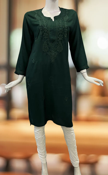Bottle Green Chikankari Kurti. Flowy Rayon Fabric. | Laces and Frills - Laces and Frills