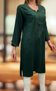 Bottle Green Chikankari Kurti. Flowy Rayon Fabric. | Laces and Frills - Laces and Frills