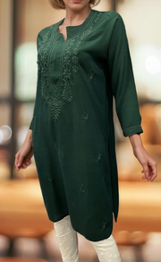 Bottle Green Chikankari Kurti. Flowy Rayon Fabric. | Laces and Frills - Laces and Frills