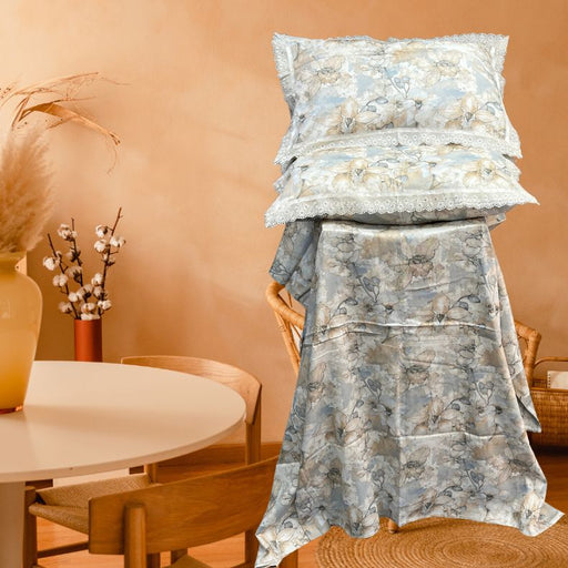 Brown/Blue Garden White Lace Double Bedsheet with Lace Pillow Covers/108" x 108" - Laces and Frills