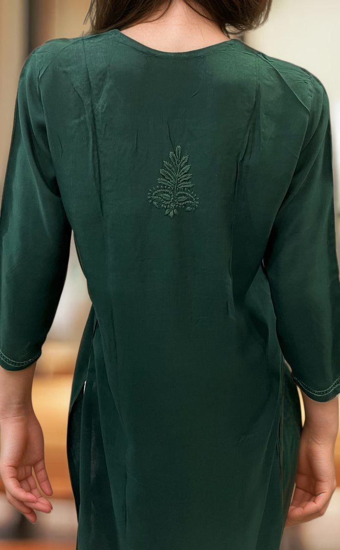 Bottle Green Chikankari Kurti. Flowy Rayon Fabric. | Laces and Frills - Laces and Frills