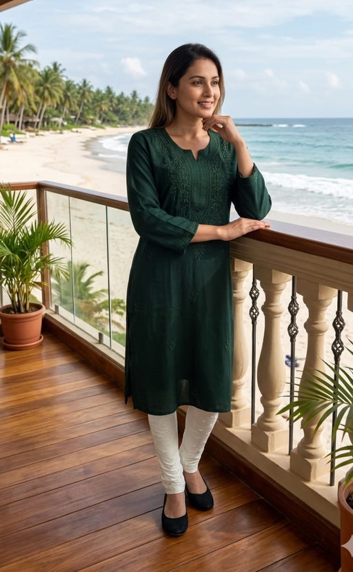 Bottle Green Chikankari Kurti. Flowy Rayon Fabric. | Laces and Frills - Laces and Frills