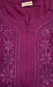 Beetroot Pink Chikankari Kurti. Flowy Rayon Fabric. | Laces and Frills - Laces and Frills
