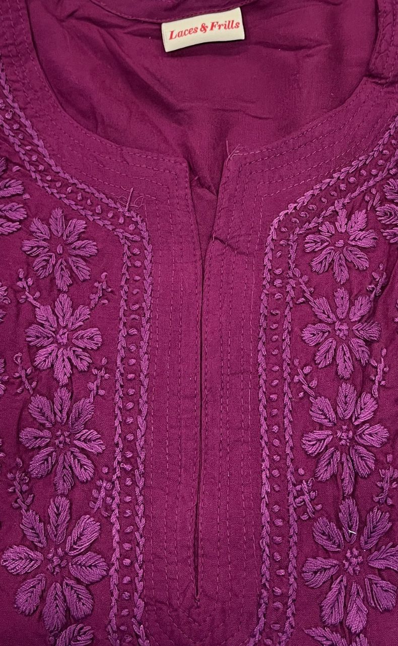 Beetroot Pink Chikankari Kurti. Flowy Rayon Fabric. | Laces and Frills - Laces and Frills