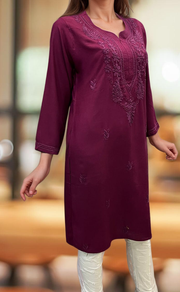 Beetroot Pink Chikankari Kurti. Flowy Rayon Fabric. | Laces and Frills - Laces and Frills
