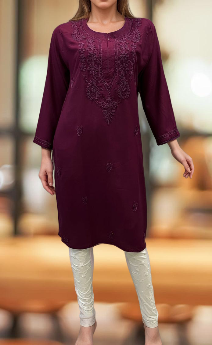 Beetroot Pink Chikankari Kurti. Flowy Rayon Fabric. | Laces and Frills - Laces and Frills