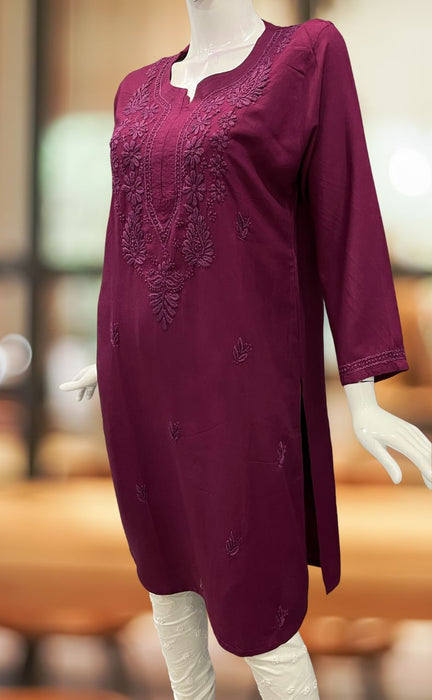 Beetroot Pink Chikankari Kurti. Flowy Rayon Fabric. | Laces and Frills - Laces and Frills