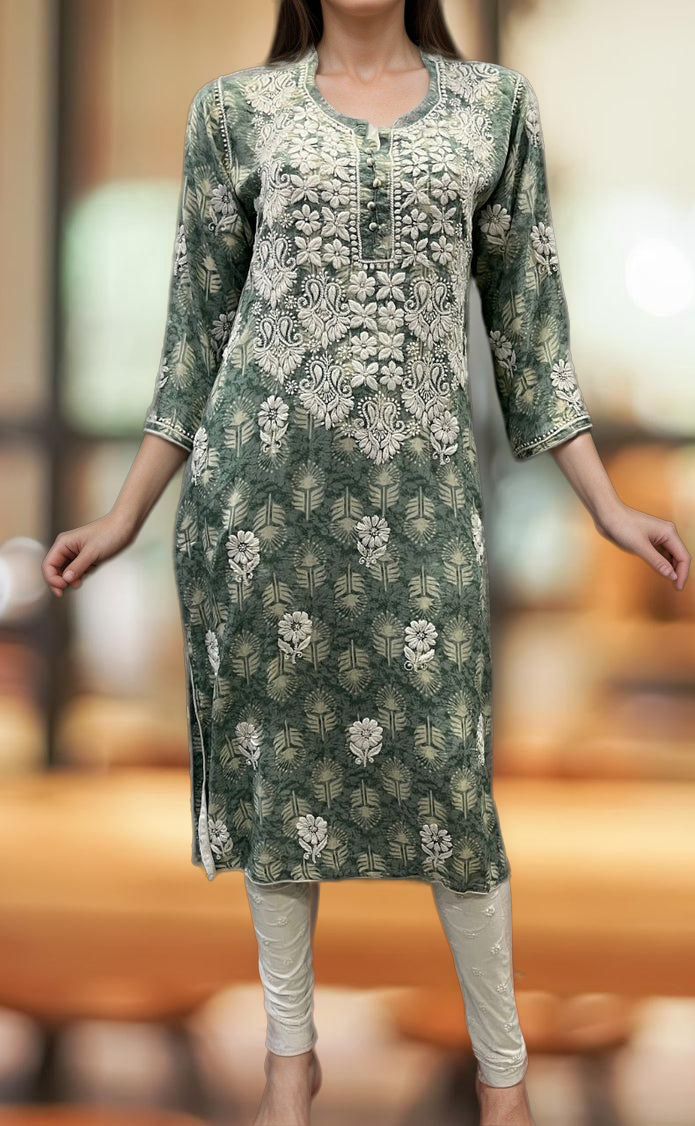 Grey Chikankari Kurti.Flowy Rayon Fabric. | Laces and Frills - Laces and Frills