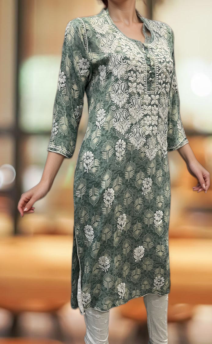 Grey Chikankari Kurti.Flowy Rayon Fabric. | Laces and Frills - Laces and Frills