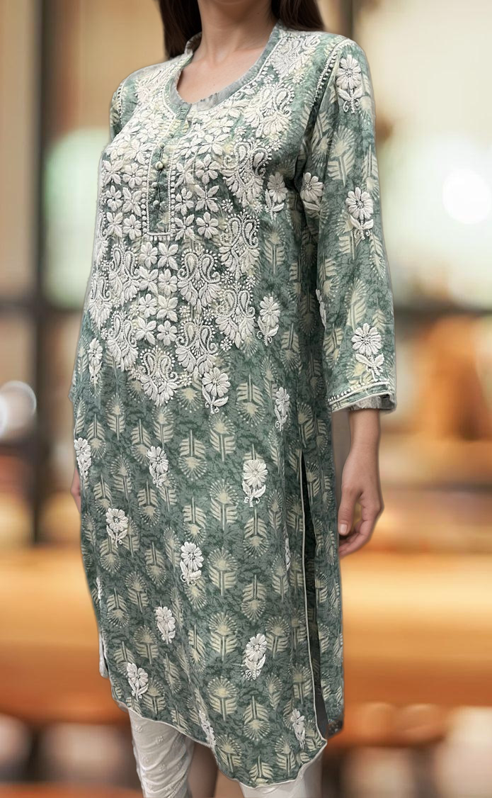 Grey Chikankari Kurti.Flowy Rayon Fabric. | Laces and Frills - Laces and Frills