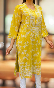 Yellow Machine Chikankari Kurti.  Versatile Cotton Fabric. | Laces and Frills - Laces and Frills