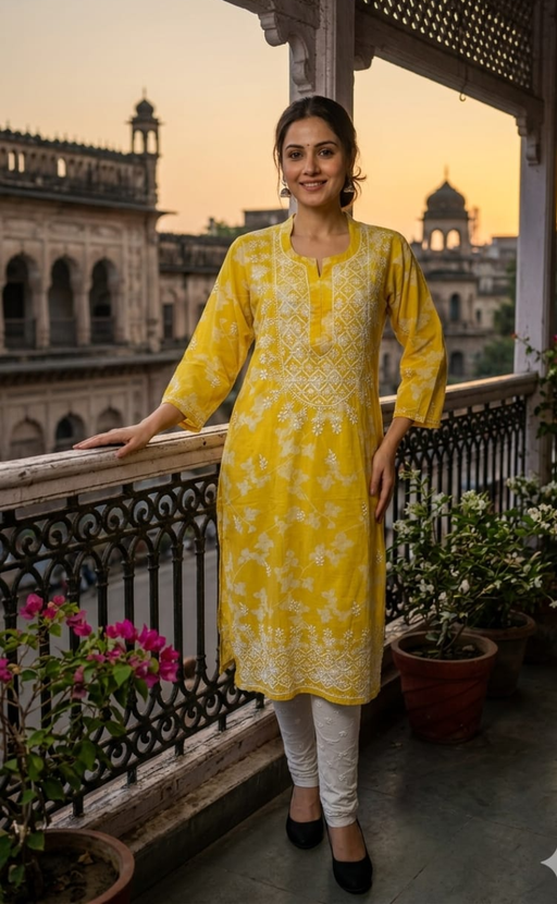 Yellow Machine Chikankari Kurti.  Versatile Cotton Fabric. | Laces and Frills - Laces and Frills