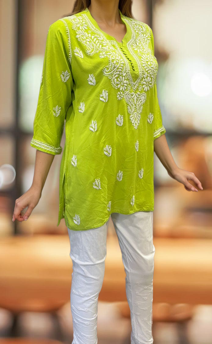 Green Chikankari Short Kurti. Flowy Rayon Fabric. | Laces and Frills - Laces and Frills