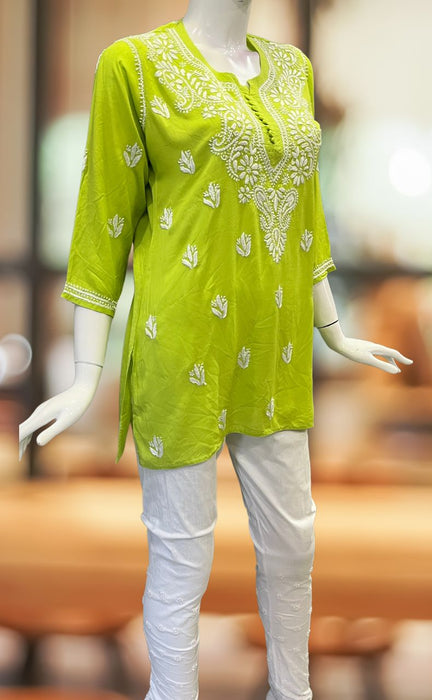 Green Chikankari Short Kurti. Flowy Rayon Fabric. | Laces and Frills - Laces and Frills