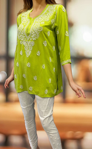 Green Chikankari Short Kurti. Flowy Rayon Fabric. | Laces and Frills - Laces and Frills
