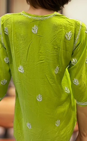 Green Chikankari Short Kurti. Flowy Rayon Fabric. | Laces and Frills - Laces and Frills