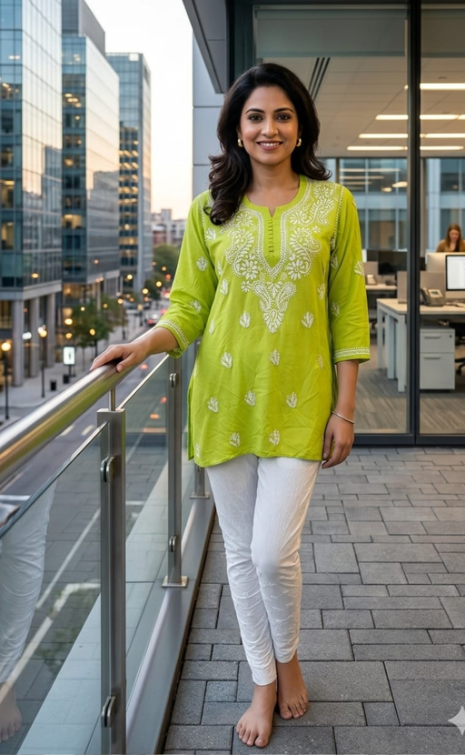 Green Chikankari Short Kurti. Flowy Rayon Fabric. | Laces and Frills - Laces and Frills