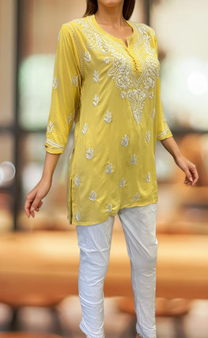 Yellow Chikankari Short Kurti. Flowy Rayon Fabric. | Laces and Frills - Laces and Frills