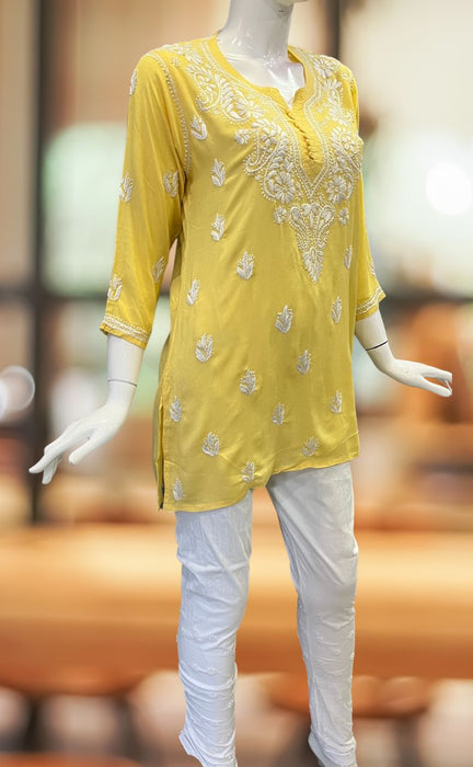 Yellow Chikankari Short Kurti. Flowy Rayon Fabric. | Laces and Frills - Laces and Frills