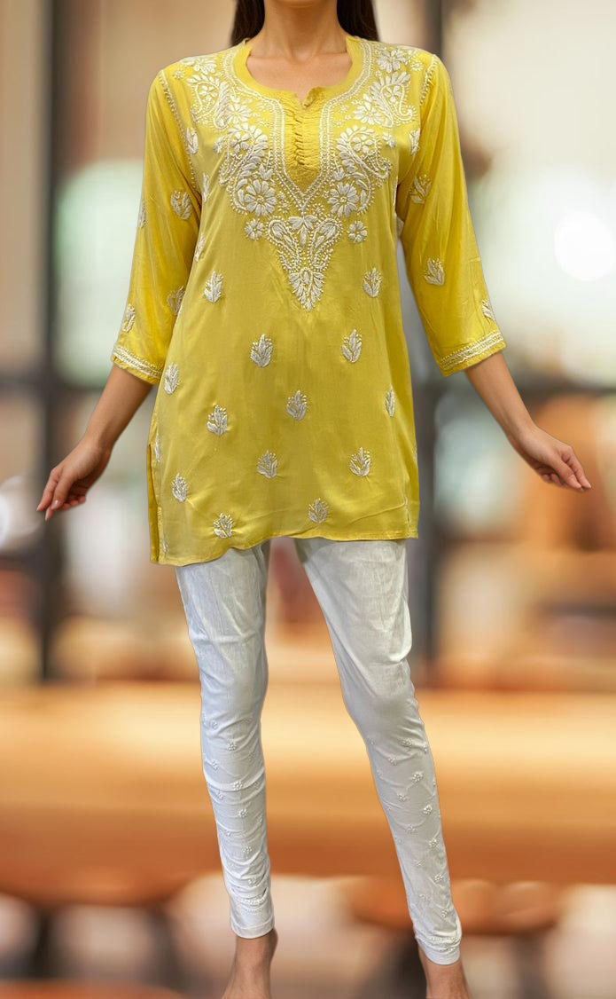Yellow Chikankari Short Kurti. Flowy Rayon Fabric. | Laces and Frills - Laces and Frills