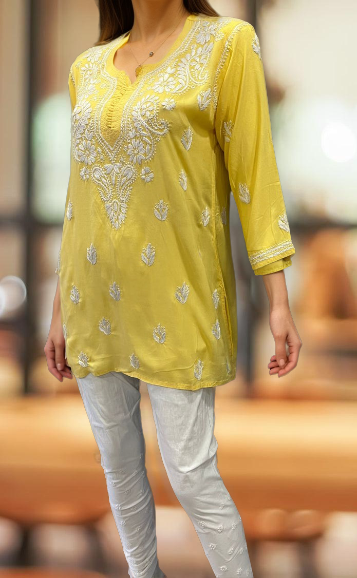Yellow Chikankari Short Kurti. Flowy Rayon Fabric. | Laces and Frills - Laces and Frills