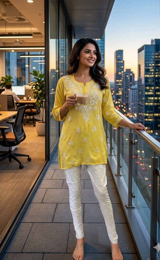Yellow Chikankari Short Kurti. Flowy Rayon Fabric. | Laces and Frills - Laces and Frills