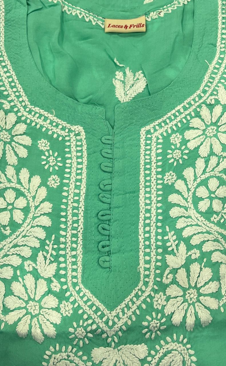 Sea Green Chikankari Short Kurti. Flowy Rayon Fabric. | Laces and Frills - Laces and Frills