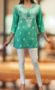 Sea Green Chikankari Short Kurti. Flowy Rayon Fabric. | Laces and Frills - Laces and Frills