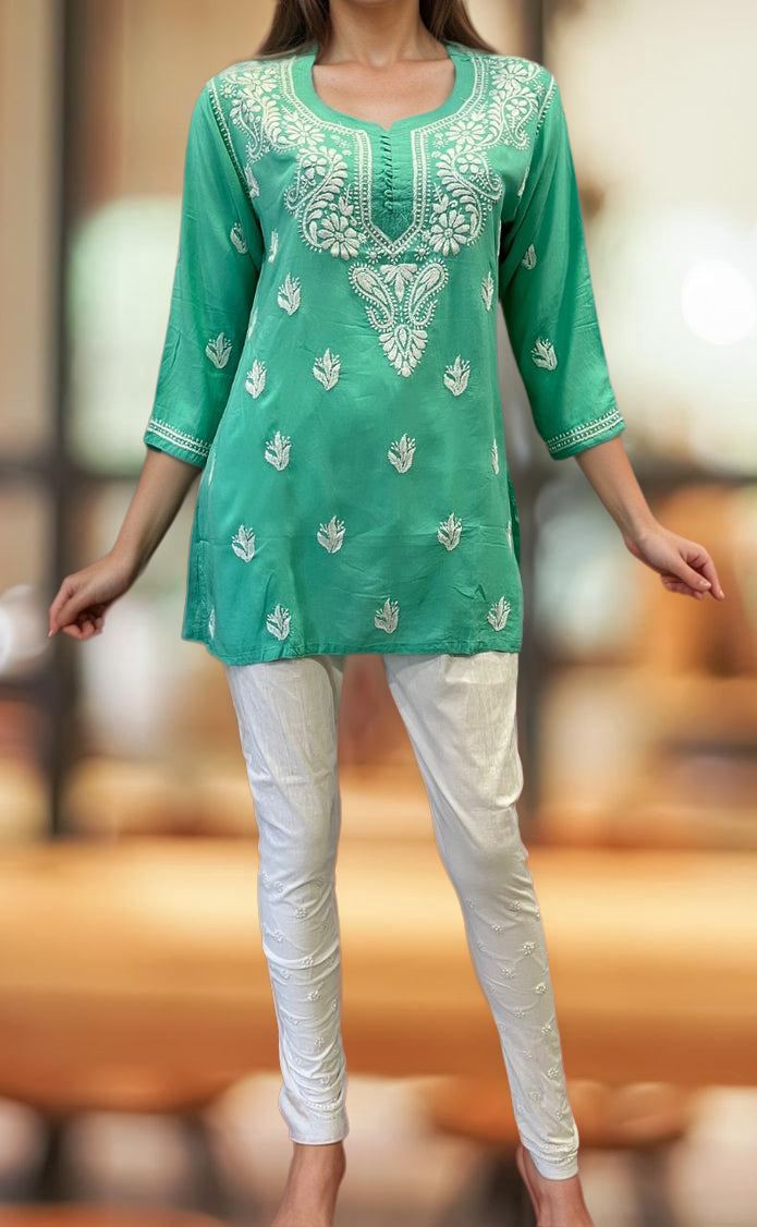 Sea Green Chikankari Short Kurti. Flowy Rayon Fabric. | Laces and Frills - Laces and Frills