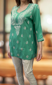 Sea Green Chikankari Short Kurti. Flowy Rayon Fabric. | Laces and Frills - Laces and Frills
