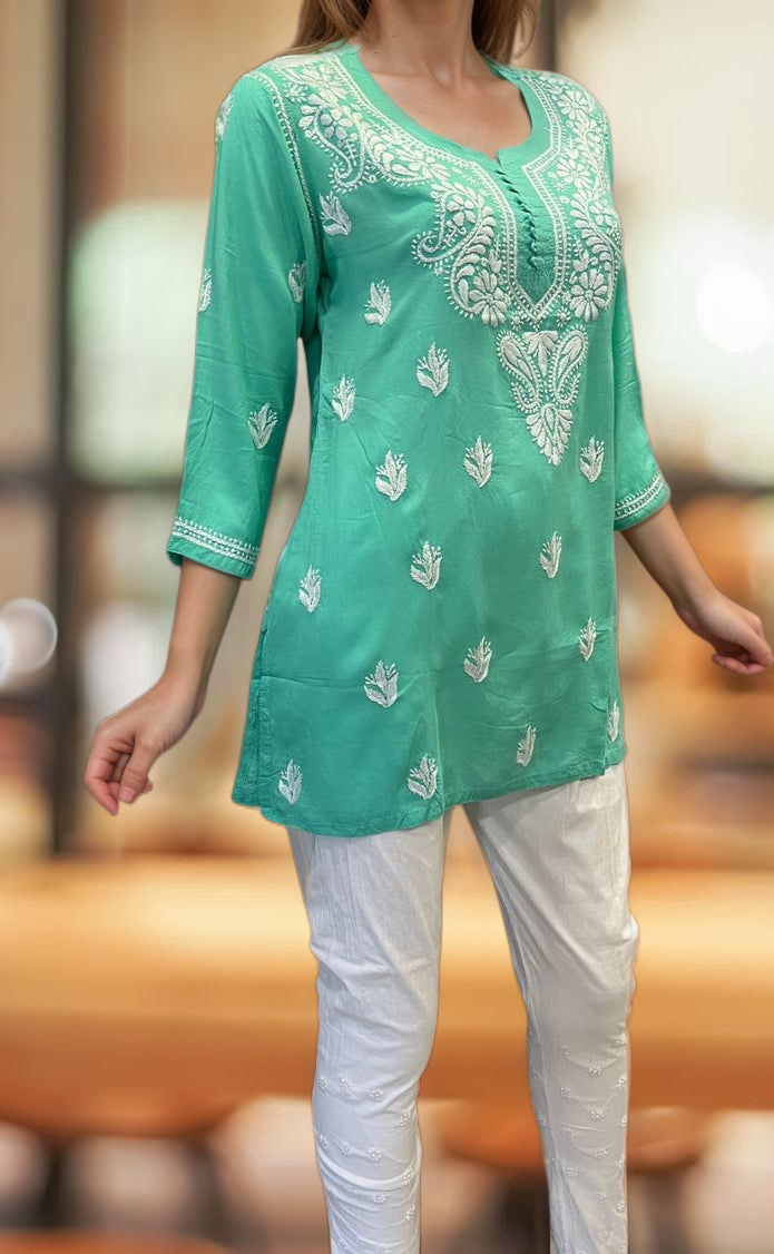 Sea Green Chikankari Short Kurti. Flowy Rayon Fabric. | Laces and Frills - Laces and Frills