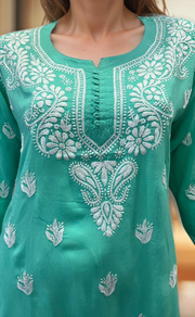 Sea Green Chikankari Short Kurti. Flowy Rayon Fabric. | Laces and Frills - Laces and Frills