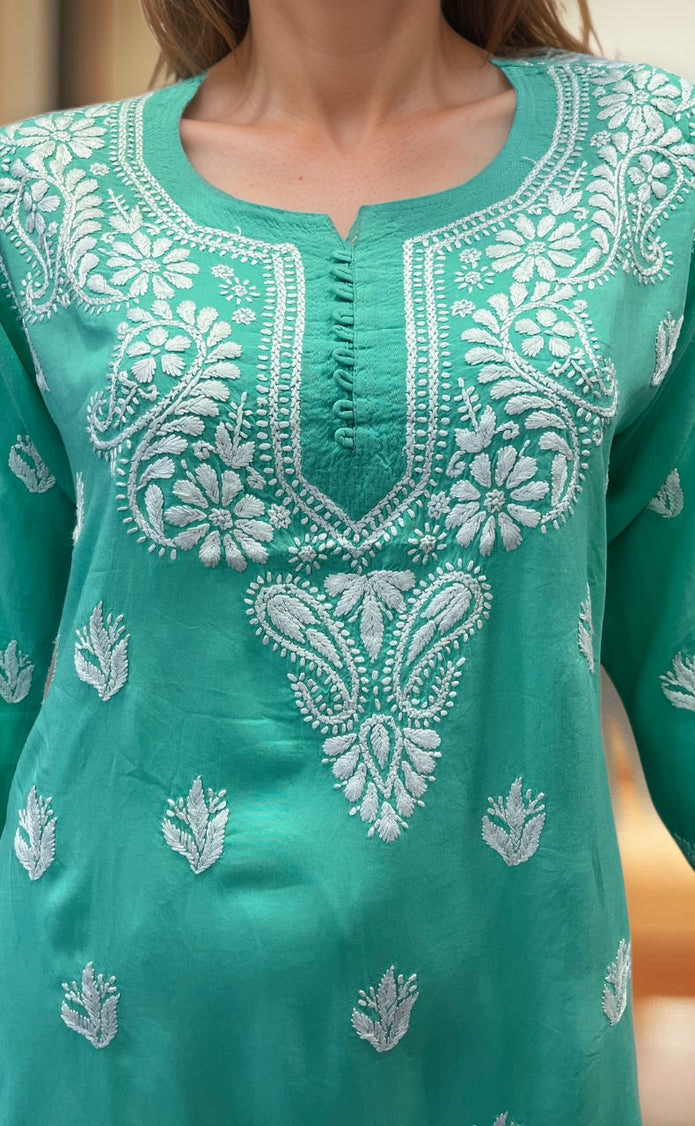 Sea Green Chikankari Short Kurti. Flowy Rayon Fabric. | Laces and Frills - Laces and Frills