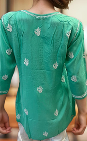 Sea Green Chikankari Short Kurti. Flowy Rayon Fabric. | Laces and Frills - Laces and Frills