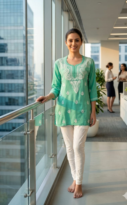 Sea Green Chikankari Short Kurti. Flowy Rayon Fabric. | Laces and Frills - Laces and Frills