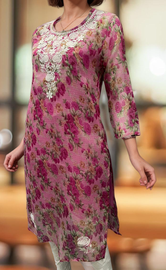 Pink Chikankari Kurti. Kota Doria Fabric. | Laces and Frills - Laces and Frills