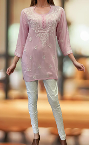 Light Pink Chikankari Short Kurti. Flowy Rayon Fabric. | Laces and Frills - Laces and Frills