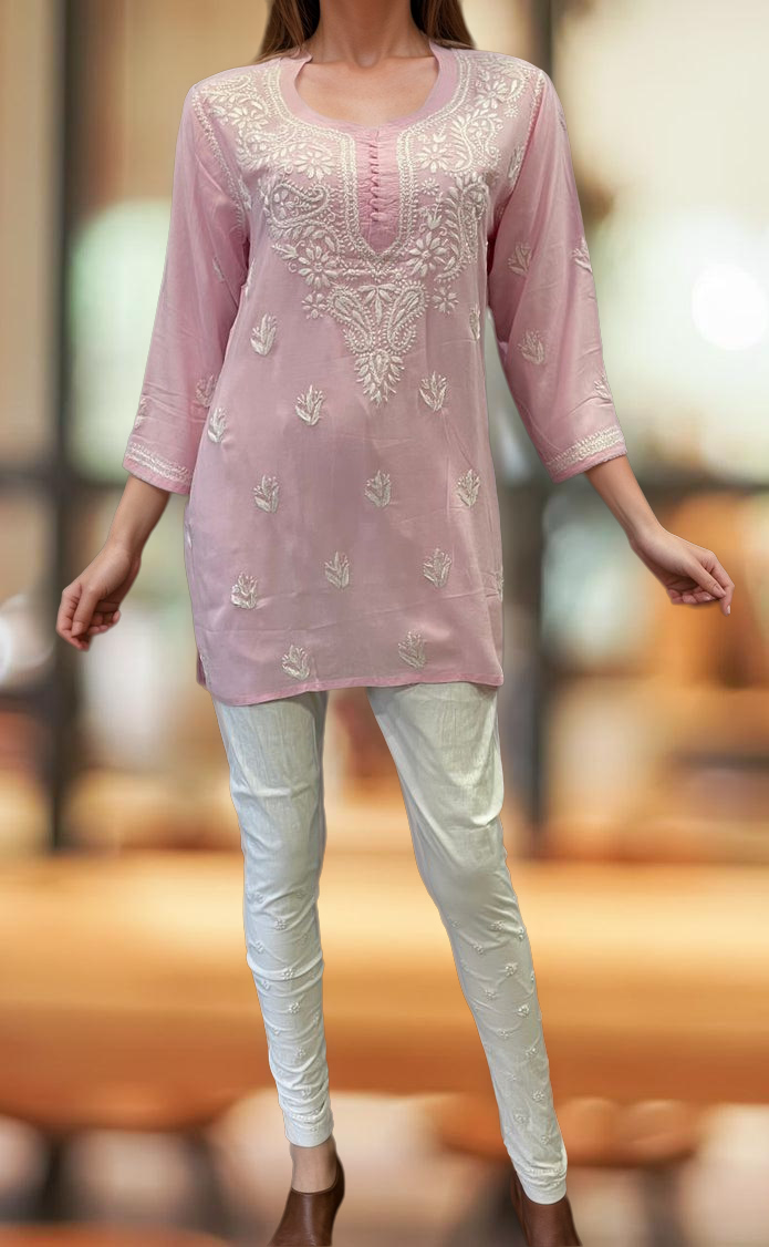 Light Pink Chikankari Short Kurti. Flowy Rayon Fabric. | Laces and Frills - Laces and Frills