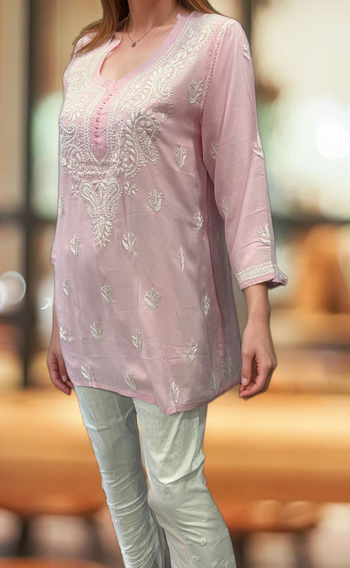 Light Pink Chikankari Short Kurti. Flowy Rayon Fabric. | Laces and Frills - Laces and Frills