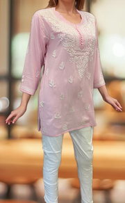 Light Pink Chikankari Short Kurti. Flowy Rayon Fabric. | Laces and Frills - Laces and Frills