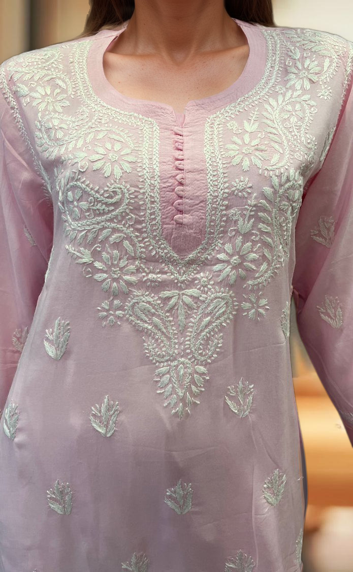 Light Pink Chikankari Short Kurti. Flowy Rayon Fabric. | Laces and Frills - Laces and Frills