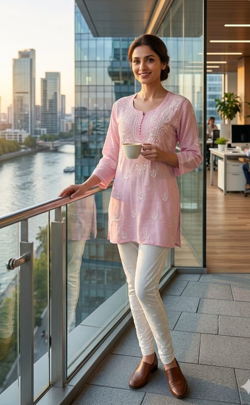 Light Pink Chikankari Short Kurti. Flowy Rayon Fabric. | Laces and Frills - Laces and Frills